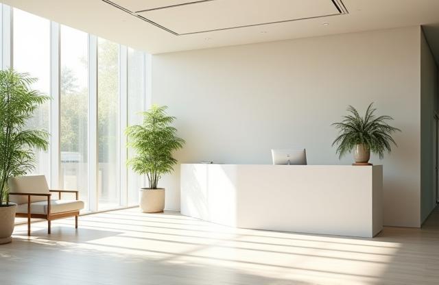 Clean, naturally lit office reception area at Prakriti Sparsh Essentials